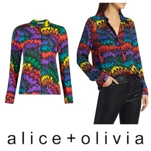 Alice + Olivia Simone Feather Print Blouse Multicolor Size XS Rare + TV Featured